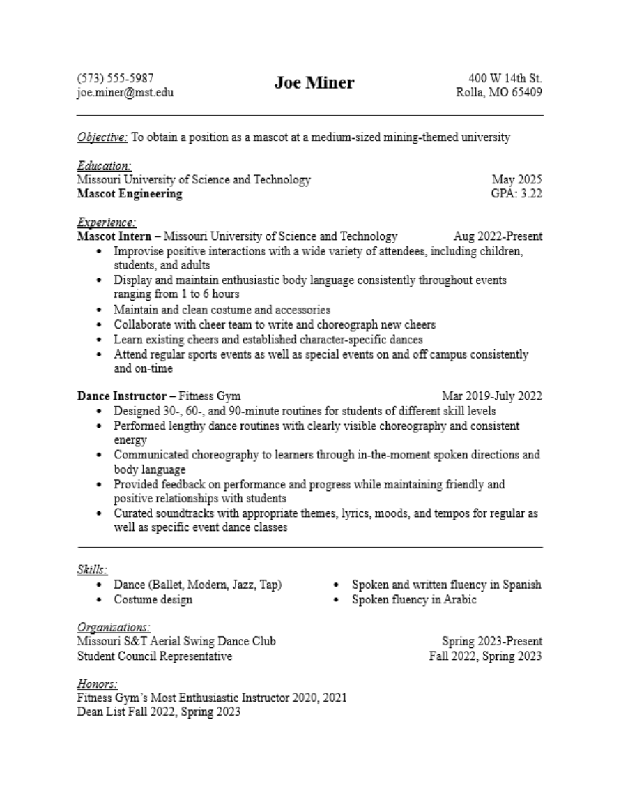 Example of a resume. It includes personal information, education, job experiences, skills, honors and awards, and organization involvement.